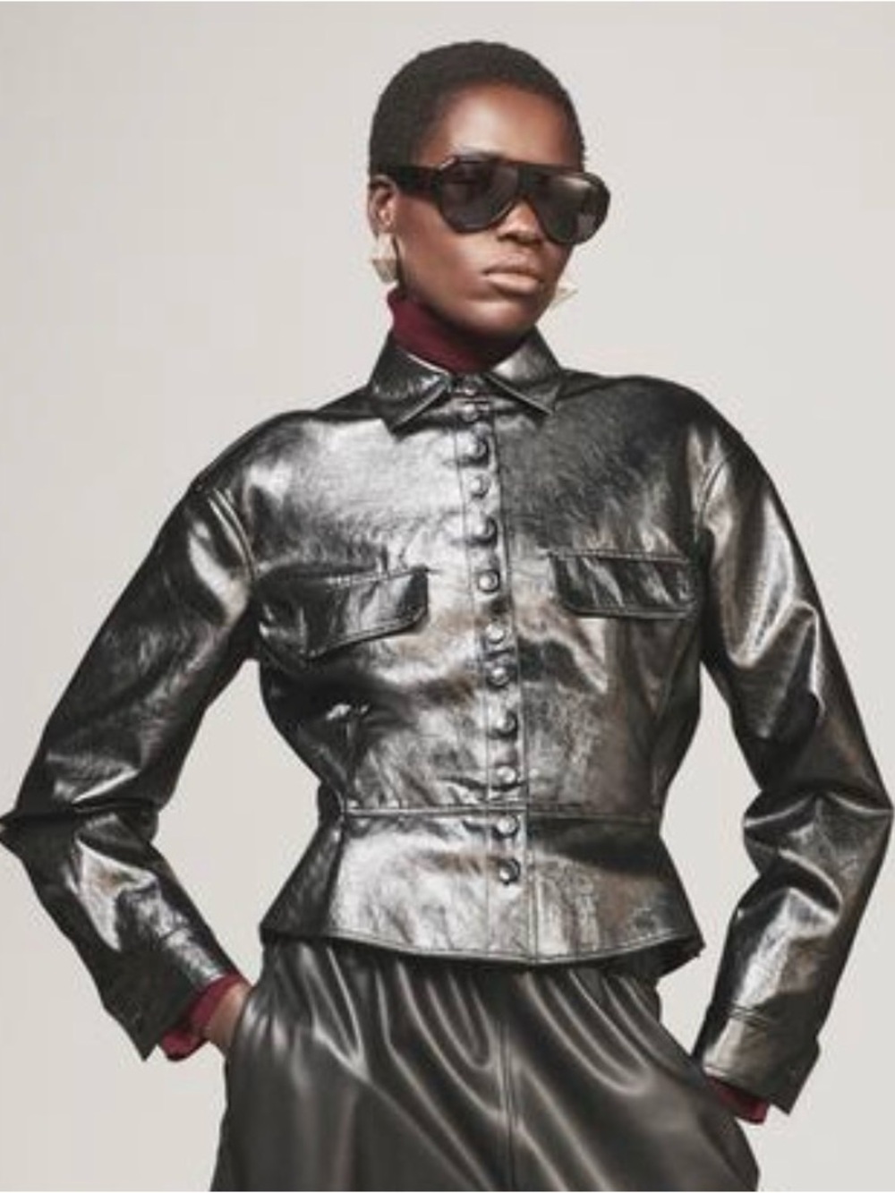 Zara Metallic Black Button-Front Leather Jacket